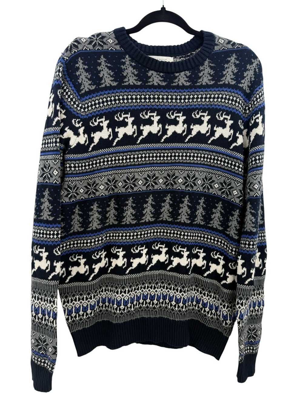Aspen Fair Isle Reindeer Christmas 100% Cotton Sweater Blue Gray Men’s Medium